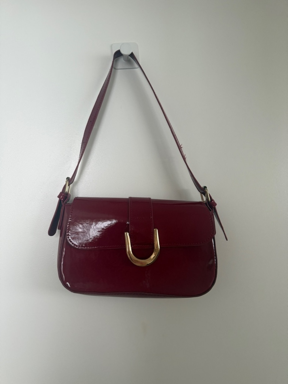 Glossy Wine Red Shoulder Bag with Gold Accent